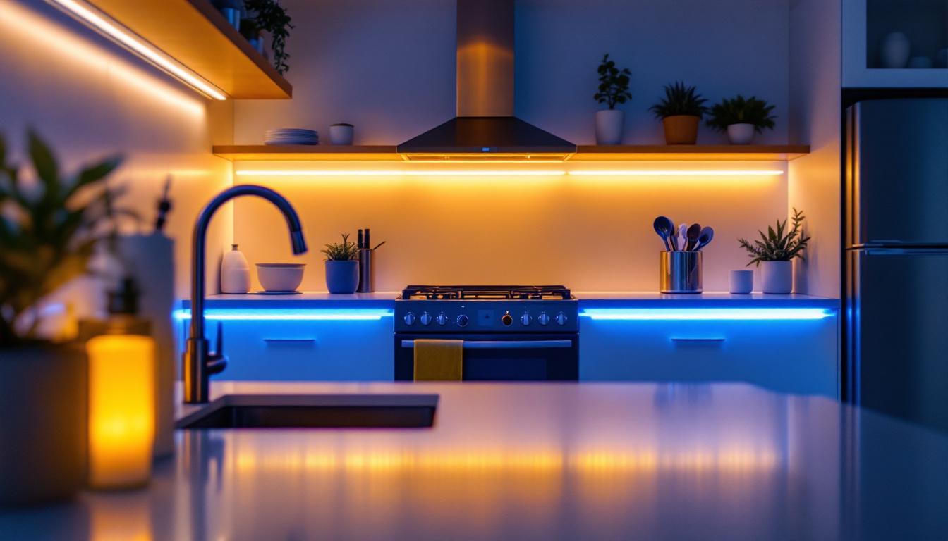 A photograph of a beautifully illuminated kitchen or workspace featuring led undercounter lighting