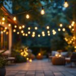 A photograph of a beautifully illuminated outdoor patio featuring elegantly arranged string lights