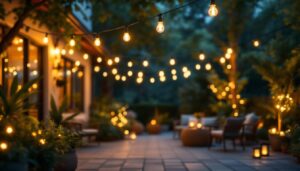 A photograph of a beautifully illuminated outdoor patio featuring elegantly arranged string lights