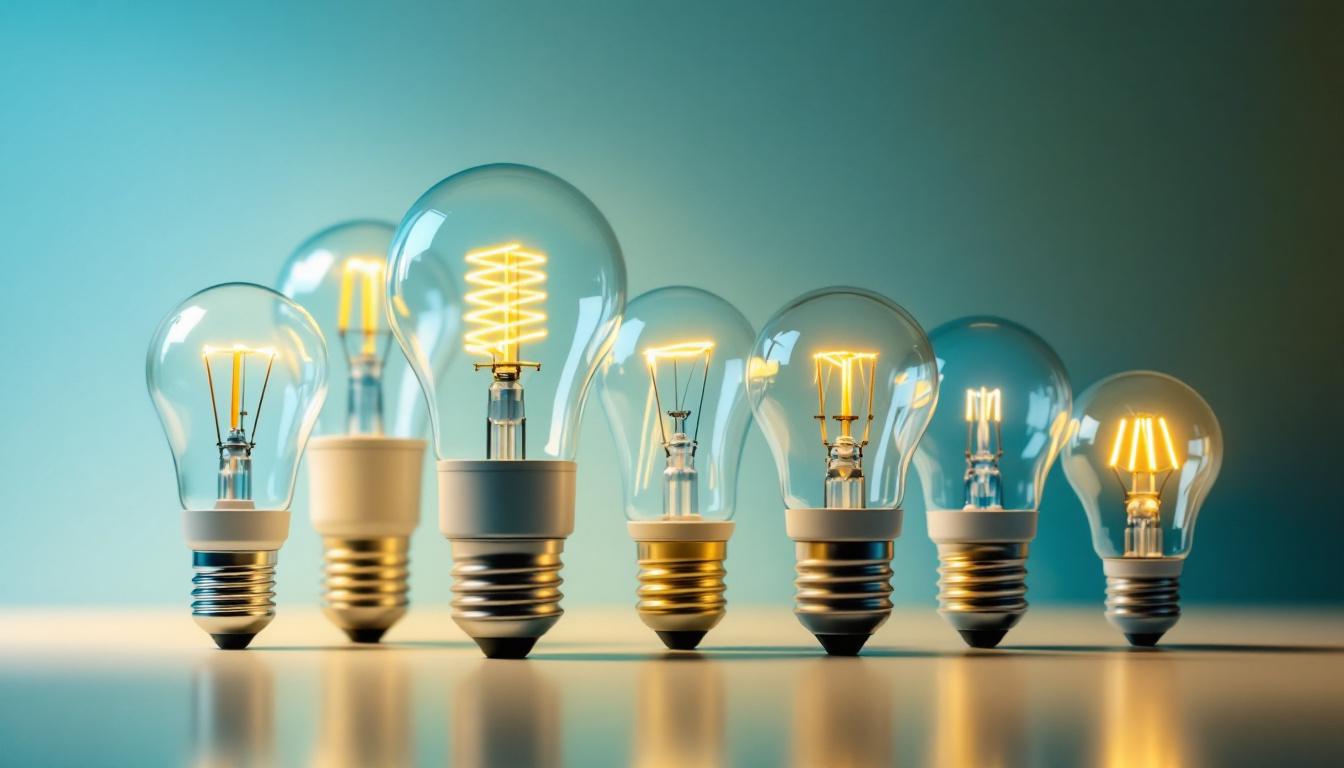 A photograph of a variety of light bulbs with different bases displayed together