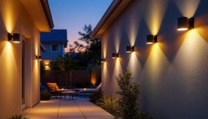 A photograph of a well-lit outdoor space showcasing various styles of wall lights installed on a home or building