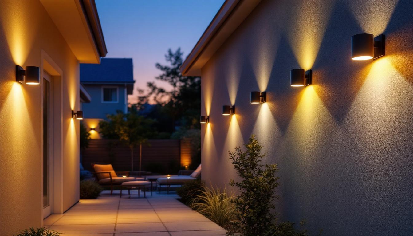 A photograph of a well-lit outdoor space showcasing various styles of wall lights installed on a home or building