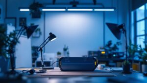 A photograph of a well-lit workspace featuring led lights with ballast installed