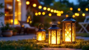 A photograph of a beautifully arranged outdoor setting featuring various solar-powered lantern lights illuminating a garden or patio