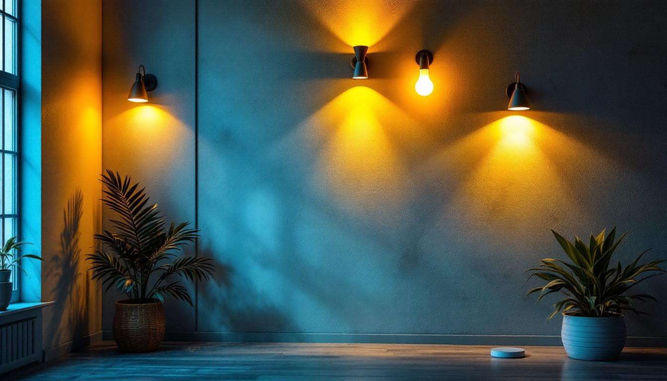 A photograph of a beautifully designed indoor space featuring various styles of wall-mounted lights