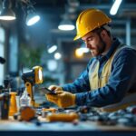 A photograph of a lighting contractor at work