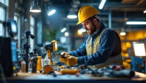A photograph of a lighting contractor at work