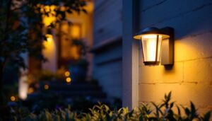 A photograph of a beautifully designed led outdoor porch light illuminating a welcoming entrance