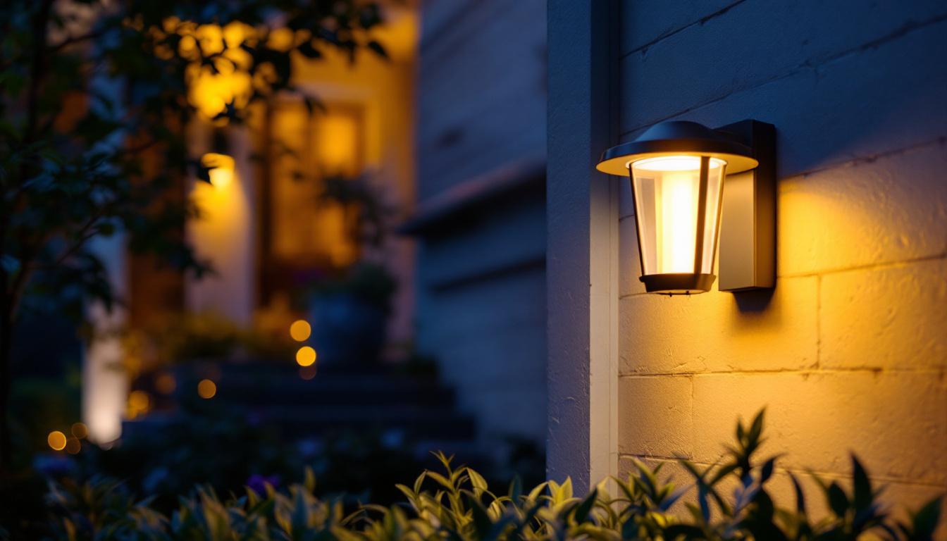 A photograph of a beautifully designed led outdoor porch light illuminating a welcoming entrance