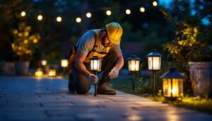 A photograph of a well-lit outdoor space featuring various styles of lantern solar lights in use
