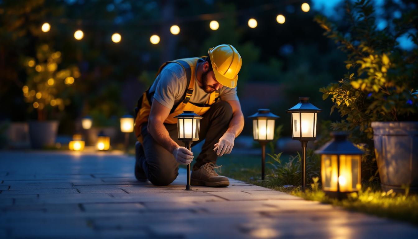 A photograph of a well-lit outdoor space featuring various styles of lantern solar lights in use