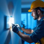 A photograph of a lighting contractor efficiently installing a light motion switch in a modern residential setting
