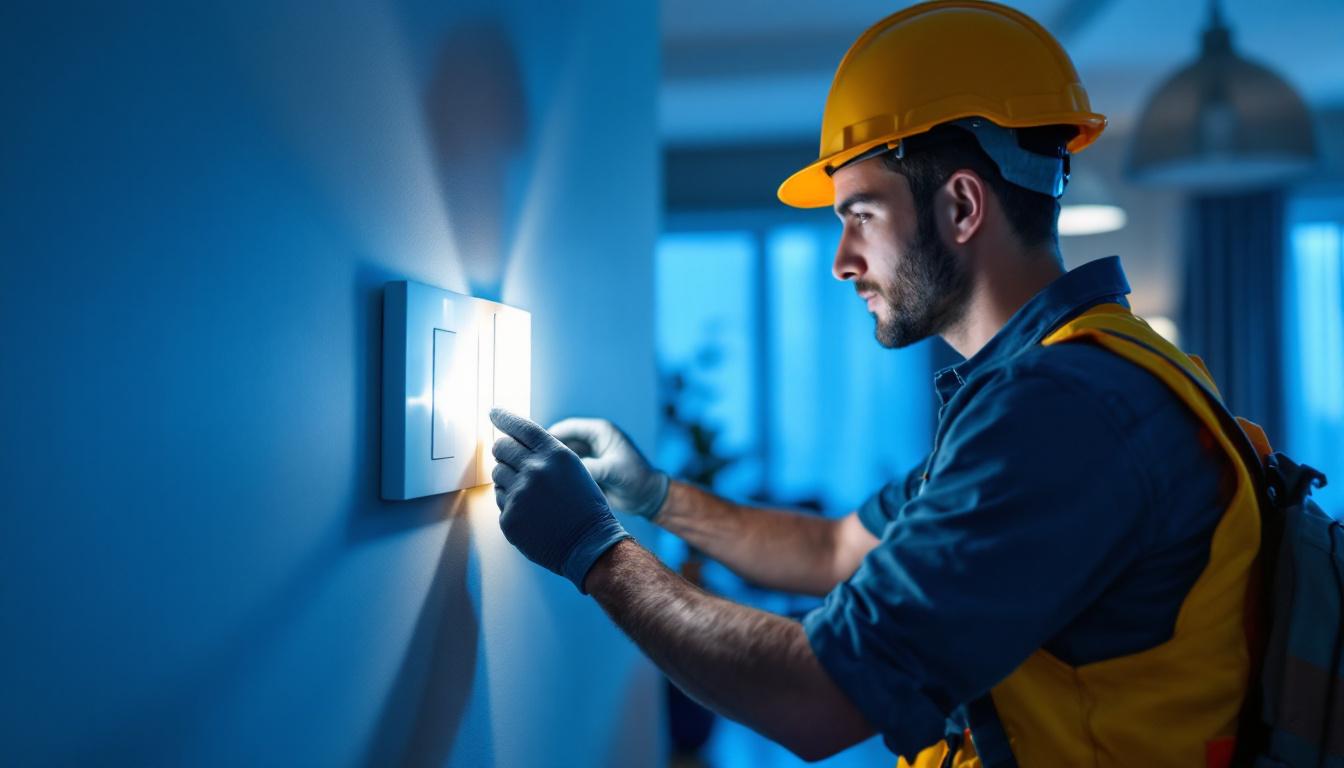 A photograph of a lighting contractor efficiently installing a light motion switch in a modern residential setting