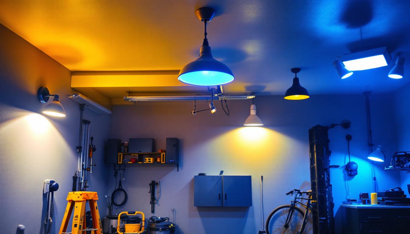 A photograph of a well-lit garage showcasing various stylish light fixtures in use