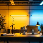 A photograph of a brightly lit workspace featuring t12 fluorescent lamps in use