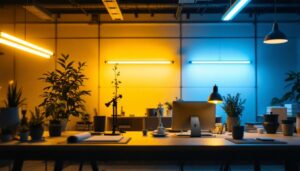 A photograph of a brightly lit workspace featuring t12 fluorescent lamps in use