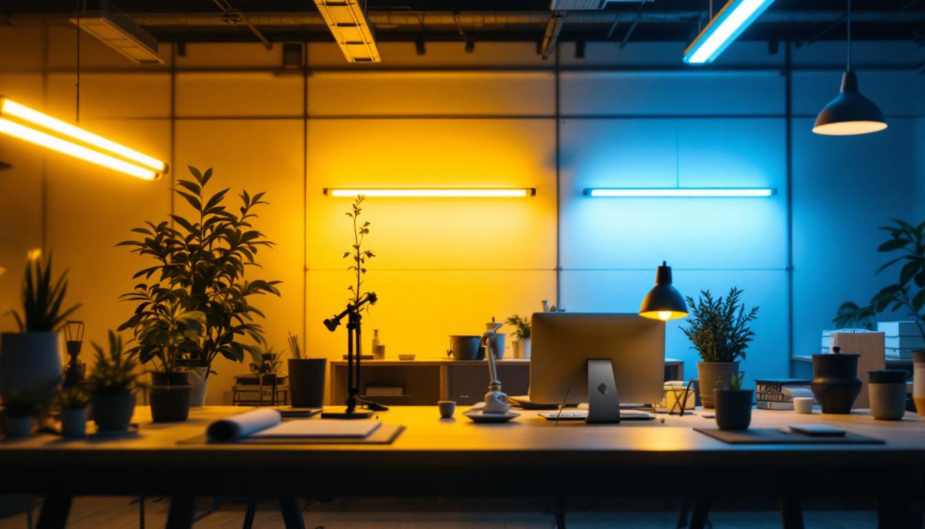 A photograph of a brightly lit workspace featuring t12 fluorescent lamps in use