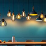 A photograph of a beautifully designed space featuring an array of stylish hanging pendant lights