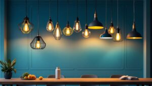 A photograph of a beautifully designed space featuring an array of stylish hanging pendant lights