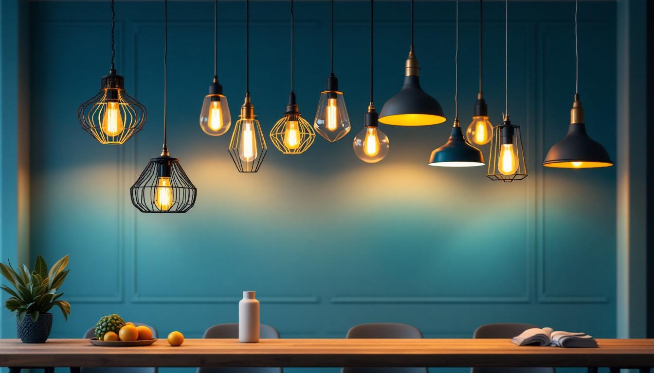 A photograph of a beautifully designed space featuring an array of stylish hanging pendant lights