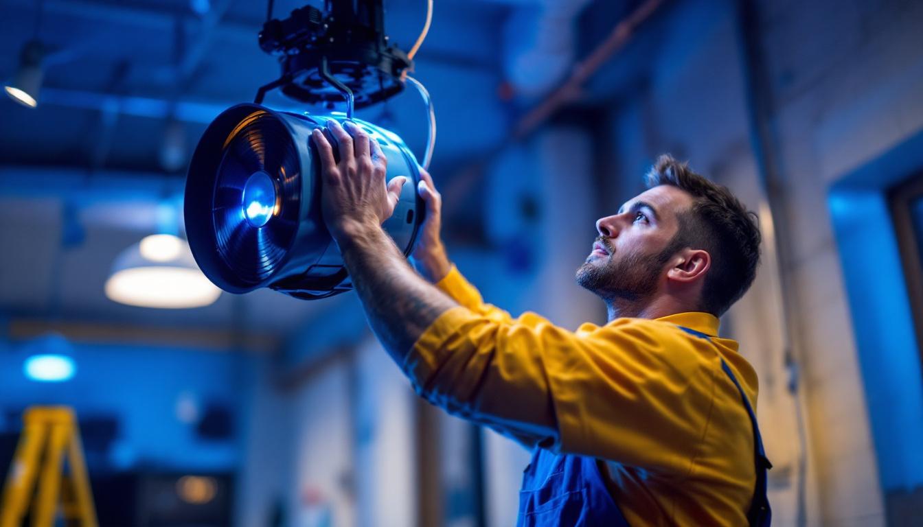 A photograph of a skilled lighting contractor installing a cyclone fan in a well-lit space