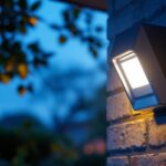 A photograph of a sleek motion detector light fixture installed in an outdoor setting