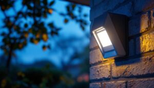 A photograph of a sleek motion detector light fixture installed in an outdoor setting
