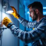 A photograph of a lighting contractor expertly installing led fixtures in a modern residential or commercial setting