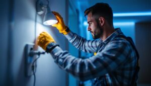 A photograph of a lighting contractor expertly installing led fixtures in a modern residential or commercial setting