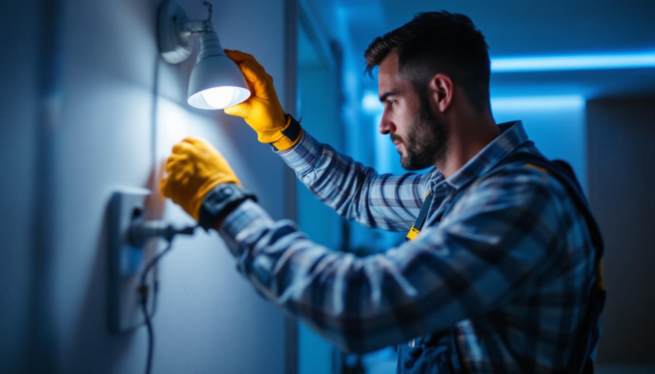 A photograph of a lighting contractor expertly installing led fixtures in a modern residential or commercial setting