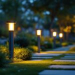 A photograph of a well-lit outdoor setting featuring stylish bollard lights illuminating a pathway or garden area