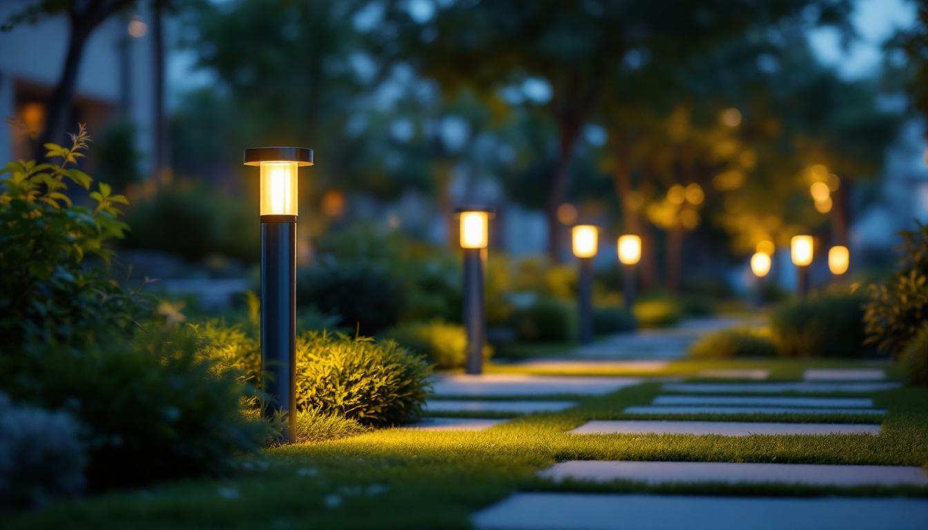 A photograph of a well-lit outdoor setting featuring stylish bollard lights illuminating a pathway or garden area