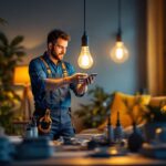 A photograph of a lighting contractor in action