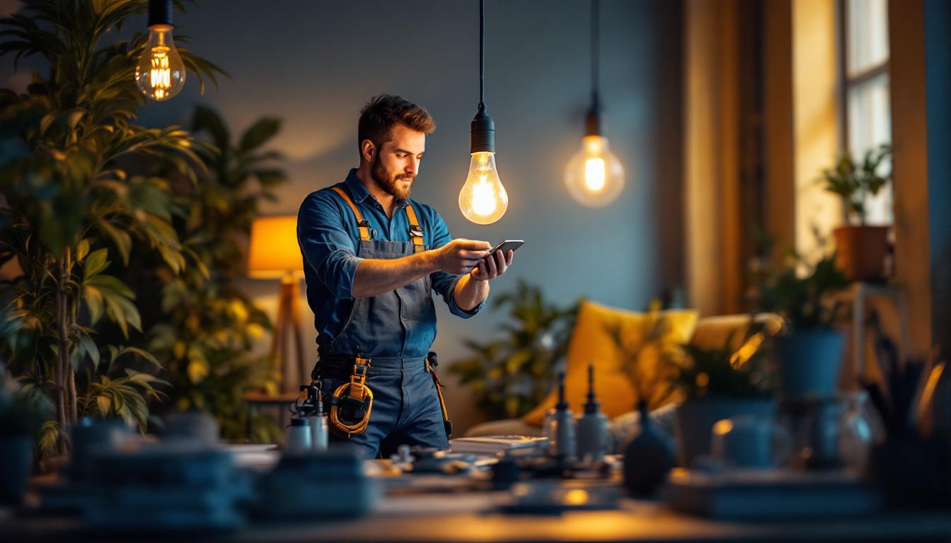 A photograph of a lighting contractor in action