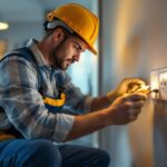 A photograph of a skilled lighting contractor installing or inspecting modern electrical outlets in a well-lit residential setting