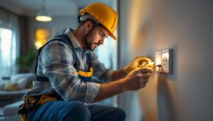 A photograph of a skilled lighting contractor installing or inspecting modern electrical outlets in a well-lit residential setting