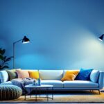 A photograph of a stylishly illuminated living room featuring a variety of floor lamps in different designs and settings
