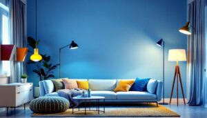 A photograph of a stylishly illuminated living room featuring a variety of floor lamps in different designs and settings
