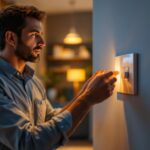 A photograph of a lighting contractor examining a modern dimer switch installation in a stylish residential setting