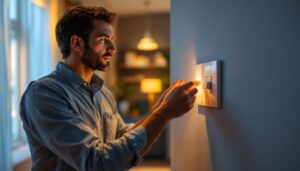 A photograph of a lighting contractor examining a modern dimer switch installation in a stylish residential setting