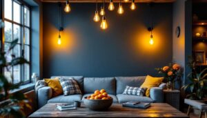 A photograph of a beautifully designed interior space featuring stylish barn lights