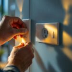 A photograph of a lighting contractor installing or adjusting switchable electrical outlets in a well-lit residential or commercial space