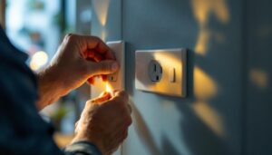 A photograph of a lighting contractor installing or adjusting switchable electrical outlets in a well-lit residential or commercial space