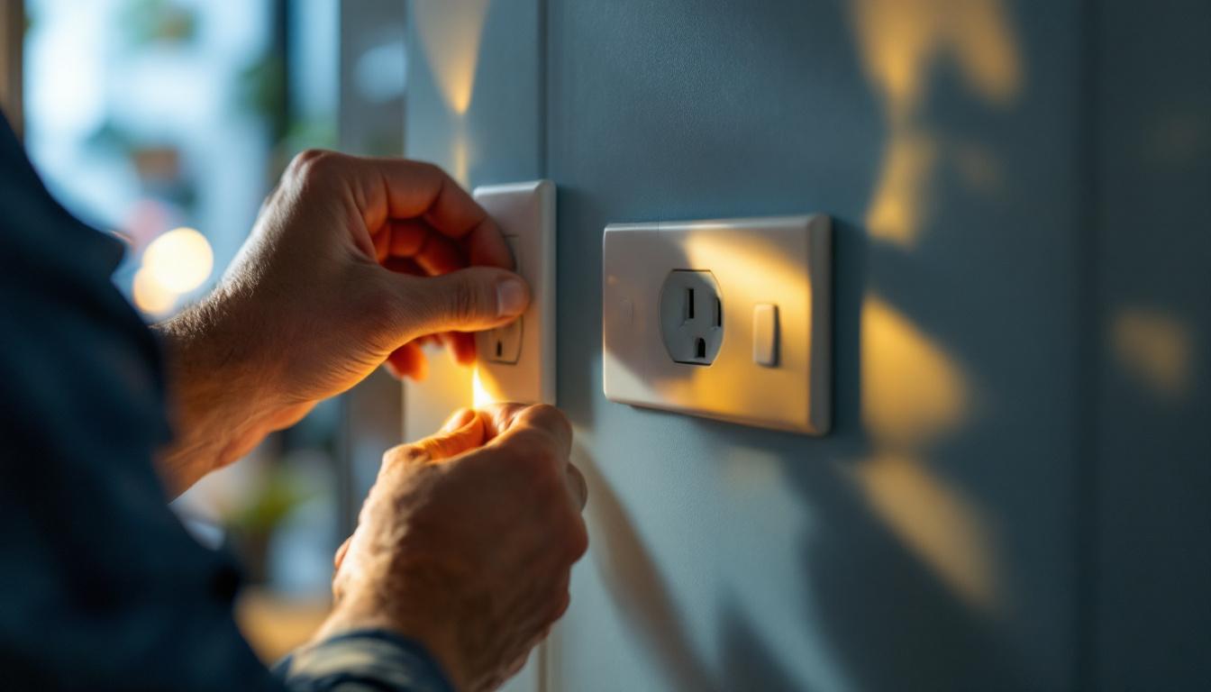 A photograph of a lighting contractor installing or adjusting switchable electrical outlets in a well-lit residential or commercial space
