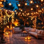 A photograph of a beautifully lit outdoor space featuring string led lights
