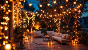 A photograph of a beautifully lit outdoor space featuring string led lights
