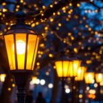 A photograph of a beautifully lit street scene featuring various styles of street lanterns