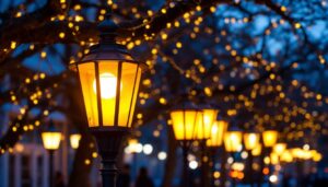 A photograph of a beautifully lit street scene featuring various styles of street lanterns