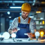 A photograph of a lighting contractor examining various lighting options