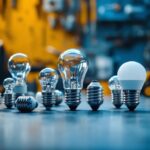 A photograph of a close-up shot of various light bulb bases arranged on a workbench